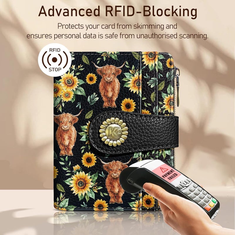 Kelvoris Highland Cow Cattle Sunflower Small Rfid Women Wallet Bifold Zipper Coin Pocket PU Leather Compact Cash Credit Card Holder Travel Wallet for Female Ladies Teen Girls 1 ID Window 10 Card Slots - Image 3